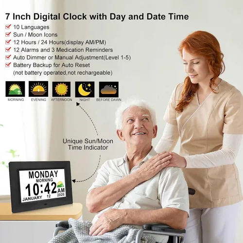 Miniatura 2 de Jaihonda Reloj de demencia para personas mayores Reloj digital con fecha y hora para ancianos - 15 alarmas Nivel 5 de brillo Pantalla de números