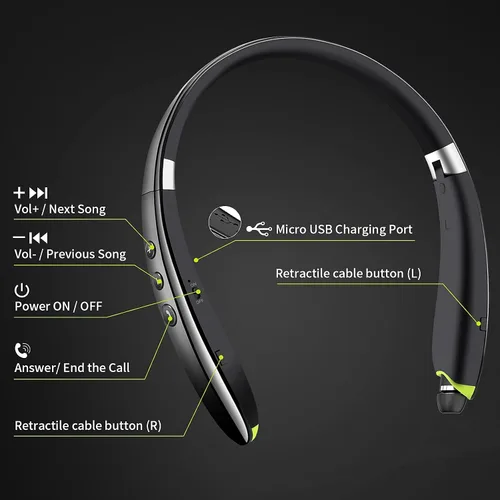 Miniatura 5 de Auriculares Bluetooth, auriculares Bluetooth con banda para el cuello mejorados 2025 con auriculares retráctiles, auriculares estéreo con Negro