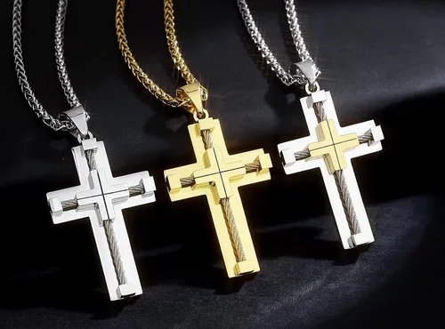 Miniatura 5 de Vividstill Collar de cruz para hombre, colgante de cruz de acero inoxidable con cadena de 24 pulgadas, gran regalo de cruz cristiana para hombres