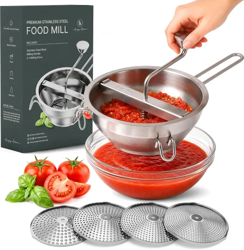 Molinillo de Alimentos de Acero Inoxidable con 4 Discos Mejorado – Diseño Rotatorio Ergonómico para Salsa de Tomate, Puré de Manzana, Comida para