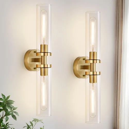 Miniatura 22 de Juego de 2 apliques de pared, apliques de baño de níquel cepillado cableados con vidrio transparente, apliques modernos para decoración de pared