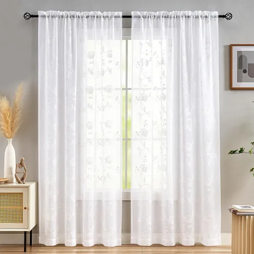 Miniatura 112 de Cortinas para ventana cortinas blancas traslúcidas de 90 pulgadas de largo, 2 paneles de cortinas de tul, paneles de ventana para cortinas de Blanco