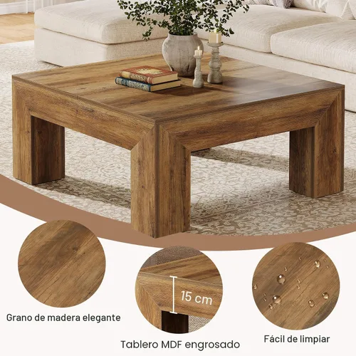 Miniatura 6 de Tribesigns Mesa auxiliar cuadrada de 39.4 pulgadas para sala de estar, mesa de cóctel central de decoración de granja con patas de madera