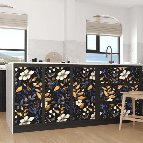 Miniatura 7 de Laatse Papel Tapiz de Hoja Azul/Dorada Despegar y Pegar Papel Tapiz Vintage Floral Oscuro Impermeable Autoadhesivo Removible Boho Papel de Pared