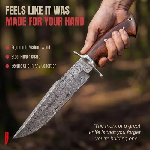 Miniatura 9 de BIGCAT ROAR Raptor - Cuchillo de caza hecho a mano de acero de Damasco con hoja fija de 13.2 pulgadas, mango de madera de nogal y funda de cuero