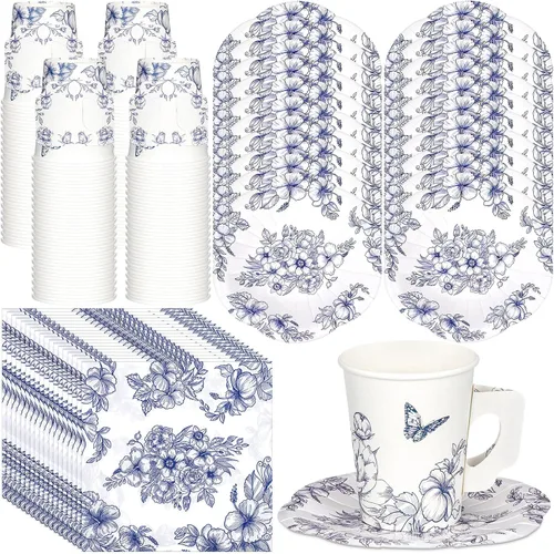 Vesici 150 piezas de decoraciones florales de fiesta de té para mesa, tazas de té de papel desechables de 9 onzas con asas, platos, platillos y