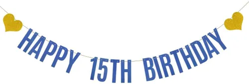 Betteryanzi - Cartel de feliz cumpleaños 15, pre-encordado, guirnalda de papel con purpurina azul para suministros de decoración de fiesta de