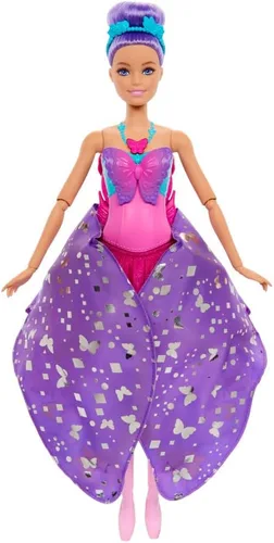 Miniatura 4 de Barbie Muñeca Dance and Flutter con transformación 2 en 1 de bailarina a mariposa con alas de apertura, cabello morado, tocado y tutú extraíble