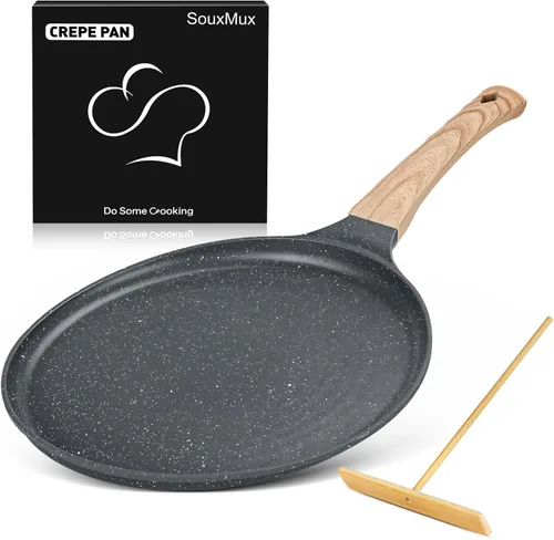 Miniatura 12 de SouxMux Sartén antiadherente para crepas de 8 pulgadas con esparcidor, sartén Dosa Tawa recubierta de cerámica, sartén plana compatible con Blanco