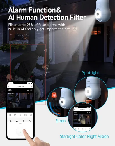 Miniatura 8 de LaView Cámara de seguridad con bombilla celular 4G LTE, cámaras de seguridad de 360° 2K inalámbricas para exteriores e interiores, 4MP a todo