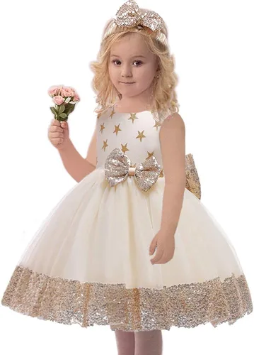 Miniatura 3 de Vestido de bebé de 12M-6Y con lentejuelas, lazo, flores, encaje, boda, concurso, tutú, vestido con gorro
