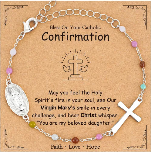 Miniatura 11 de Pulsera de cruz católica de la Virgen María para niñas y mujeres, pulsera de cuentas de rosario, primera comunión, confirmación, bautismo, madrina