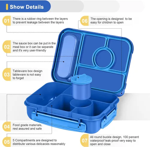 Miniatura 3 de Amathley Lonchera Bento para Adultos, Lonchera para Niños, Recipientes para Almuerzo para Adultos/Niños/Niños Pequeños, Lonchera Bento de 5 Azul