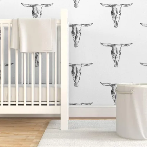 Miniatura 6 de Papel tapiz para despegar y pegar, diseño de vaca cráneo de toro, blanco y negro, vaquero occidental, rústico, extraíble, por Spoonflower