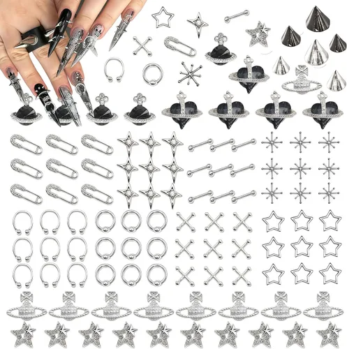 Miniatura 8 de Juego de 115 dijes de uñas con lazo de mariposa 3D, joyería de diamantes de imitación de metal, accesorios de aleación brillante Y2K para diseño