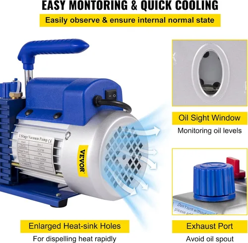 Miniatura 6 de VEVOR 3CFM 1/4HP Bomba de vacío de aire de una sola etapa HVAC R134a R12 R22 R410a Kit de refrigeración para A/C. Juego de manómetros de colector AC