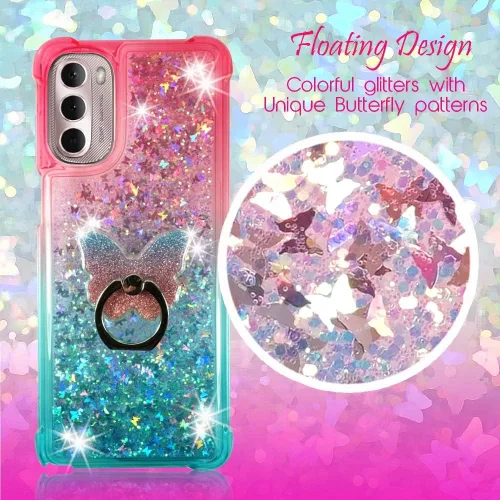 Miniatura 2 de Zase Moto G 5G (2022) - Bonita funda transparente con purpurina líquida para Motorola Moto G 5G Flotante Mariposas 3D Cascada Arenas movedizas