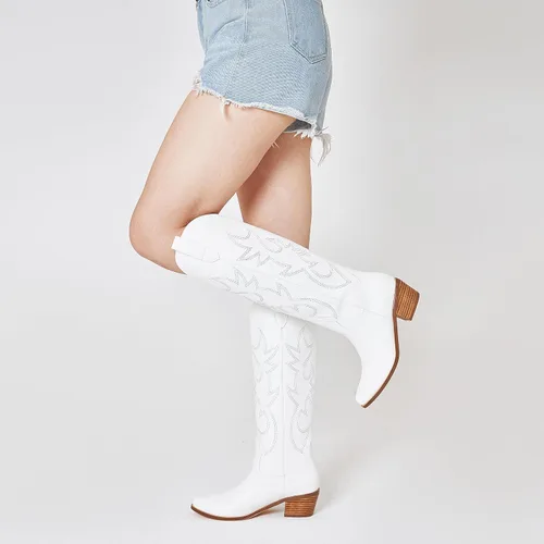Miniatura 5 de Eteridrey Botas vaqueras bordadas para mujer, botas vaqueras occidentales con punta puntiaguda, tacón alto y grueso, botas altas hasta la rodilla