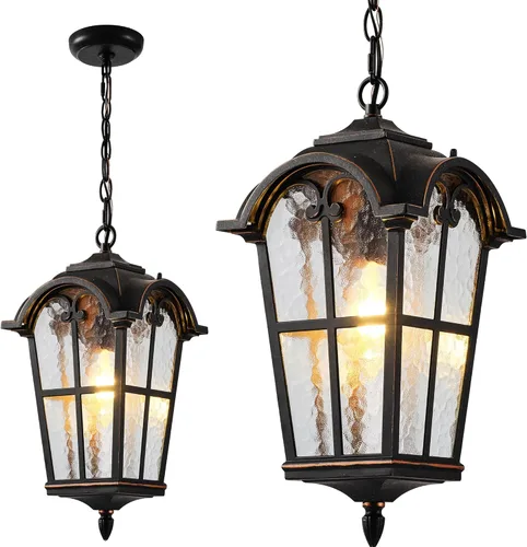 Miniatura 11 de VIANIS Lámpara colgante exterior negra con adornos dorados, luces colgantes exteriores con vidrio ondulado, candelabro exterior de aluminio