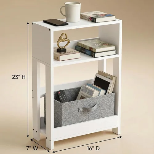 Miniatura 3 de Mesa auxiliar estrecha de 3 niveles, mesa auxiliar delgada y mesita de noche para espacio pequeño, color blanco Marrón rústico