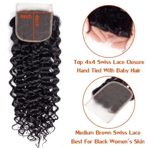 Miniatura 3 de Cabello humano rizado con cierre de encaje de 4 x 4, cabello humano prearrancado Jerry rizado ondulado 12A sin procesar brasileño virgen cierre