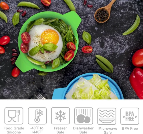 Miniatura 4 de Bakerpan - Set de 4 recipientes de silicona para microondas para cocinar huevos, 12 cm x 4,4 cm, pequeño tazón con tapa, mini recipiente plegable