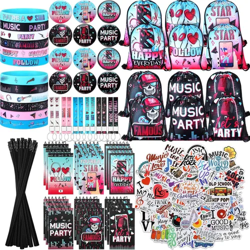 Jexine El kit de 128 piezas de suministros para fiestas musicales incluye 12 pulseras de silicona, 12 llaveros, 12 insignias, 12 lápices, 12 bolsas