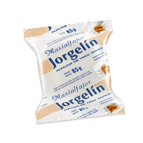 Alfajor Jorgelin triple relleno de dulce de leche y cubierto con una tapa blanca 24uX85gr- Alfajor Jorgelin triple relleno de dulce de leche y baño