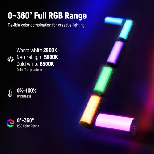 Miniatura 2 de NEEWER Vara de Luz Magnética Manual Básica, Luz de Video LED Mini RGB Completa de 360°, Batería de 2500mAh, Luz de Tubo de Cámara Ajustable