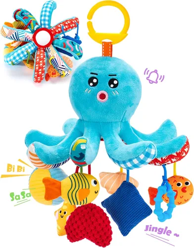 hahaland Juguetes para bebés de 0 a 6 meses – Juguetes para asiento de automóvil, juguete de pulpo con cuerdas de tracción, chirriante, sonajero,