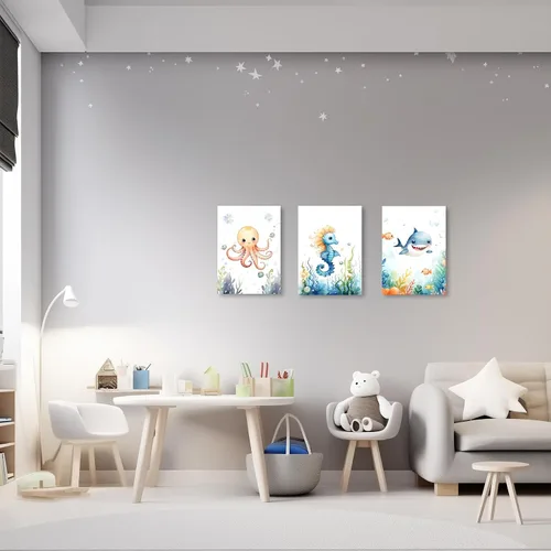 Miniatura 3 de ZXHYWYM Arte de pared de 3 piezas para habitación del bebé, diseño de tiburón de pulpo, caballito de mar, tiburón, impresiones sobre lienzo