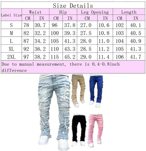 Miniatura 4 de Jeans para hombre, elásticos, ajustados, apilados, rasgados, desgastados, ajustados, con parche Y2K, pantalones de mezclilla ajustados, ropa de calle