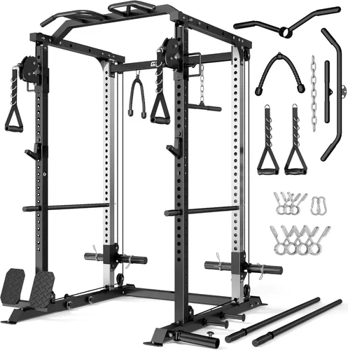Miniatura 28 de DP01 - Jaula de potencia, estante para sentadillas de 2000 libras con cable cruzado y sistema de polea doble independiente, jaula completa para Rojo