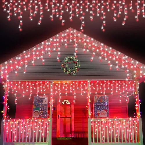 QITONG - Tira de luces de carámbanos rojas y blancas para exteriores, 33 pies con 400 LED, 8 modos, alambre transparente, luces de Navidad