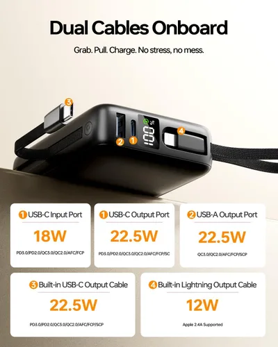 Miniatura 6 de Cargador Portátil 50000mAh Power Bank, Cargador de Teléfono Portátil con 2 Cables Integrados, 22.5W Carga Rápida Elementos Esenciales de Viaje