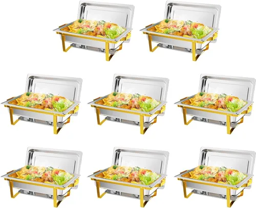 ROVSUN Platos de roce para buffet, paquete de 8 platos de 9 cuartos de galón [elegante oro y plata] con diseño de borde enrollado, juego de