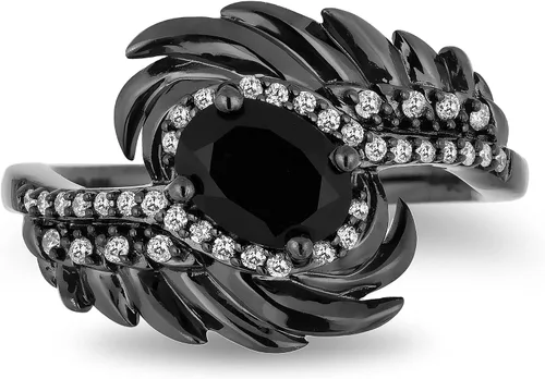 Miniatura 3 de Jewelili Enchanted Disney Fine Jewelry Anillo de plata de ley con rodio negro de 16 quilates de diamante y alas de maléfica de ónix, Metal, Diamante
