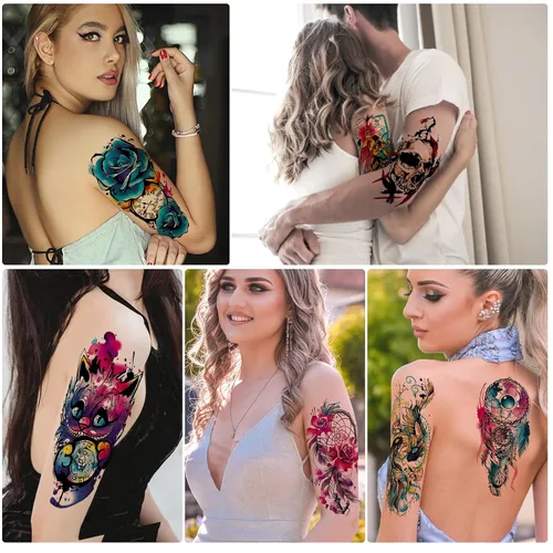 Miniatura 4 de Aresvns Tatuaje temporal de acuarela 3D para barbacoa, piscina, fiesta en la playa, 14 hojas de rosas, flores, mariposas, leones, tatuajes falsos