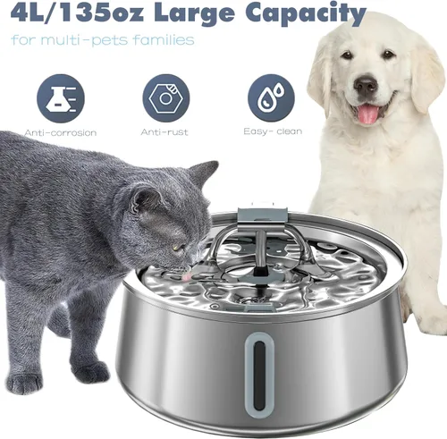 Miniatura 6 de Homtyler Fuente de agua de acero inoxidable para gatos, fuente de agua para mascotas de 4 litros/135 onzas de gran capacidad, dispensador de agua