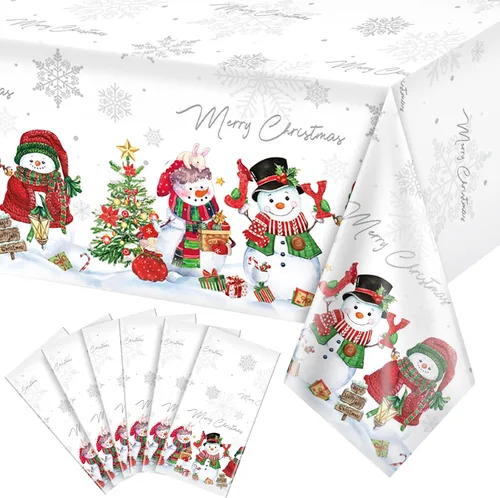 Miniatura 13 de FunnyPars 3 piezas manteles de muñeco de nieve navideños de plástico, cubierta de mesa de invierno con copos de nieve y árbol de Navidad
