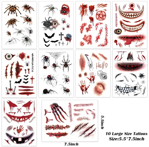 Miniatura 2 de Tatuajes temporales de gran tamaño, 10 hojas de tatuajes de cosplay de Halloween, tatuajes temporales realistas de boca grande, tatuaje de cicatriz