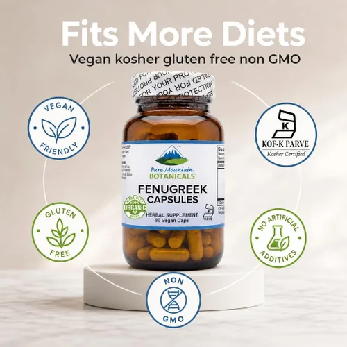 Miniatura 4 de Pure Mountain Botanicals Cápsulas de fenogreco de 600 mg orgánicos, 90 cápsulas veganas kosher - Suplemento de semillas de fenogreco para mujeres