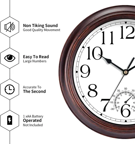 Miniatura 9 de KECYET Reloj de pared para exteriores de 14 pulgadas con termómetros, reloj de pared silencioso vintage que funciona con pilas, reloj retro sin