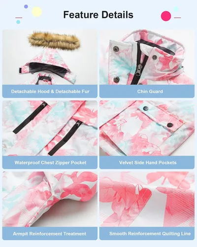 Miniatura 6 de Pursky Chaqueta de esquí impermeable para niñas, abrigos de nieve de invierno para niños, impermeable, parka