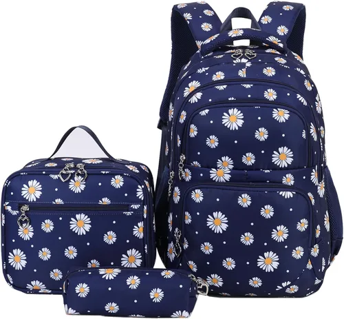 Miniatura 8 de goldwheat Mochilas impresas margaritas con paquete de almuerzo, estuche de lápices 3pcs, bolsa ligera resistente al agua para la escuela secundaria