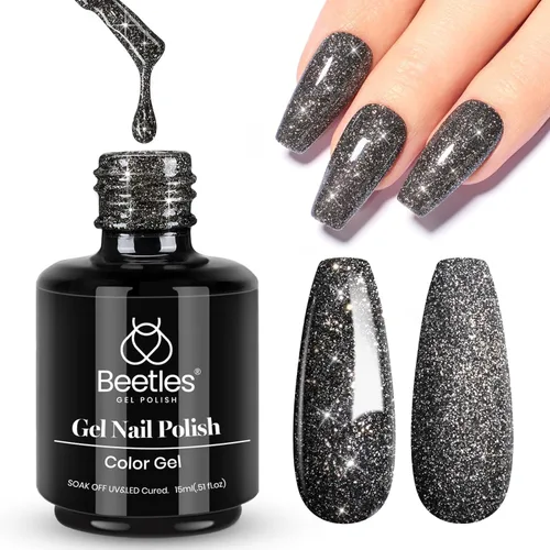 Miniatura 8 de Beetles - Esmalte de uñas de gel de diamante, 0.5 onzas (15 ml), color negro con purpurina Spring Summer, secado con lámpara ultravioleta, manicura