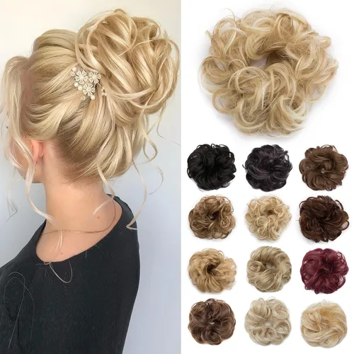 Miniatura 13 de Benehair Moño desordenado, pieza de pelo recogido para mujer, esponjoso, ondulado, moño con dona, moño sintético con banda elástica de goma