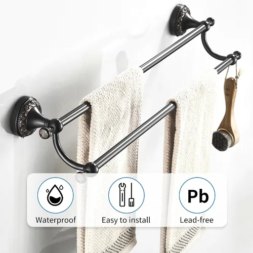 Miniatura 6 de Barra doble para toallas de bronce aceitado frotado de latón, ajustable de 15.5 a 27.5 pulgadas, soporte de barra para toallas de baño para portador