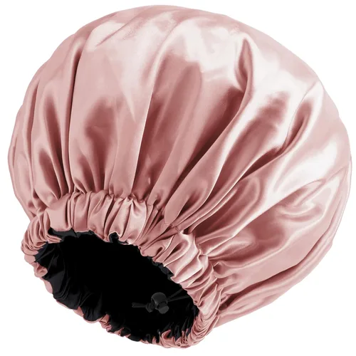 Miniatura 9 de Gorro de seda de satén para cabello rizado, gorro trenzado para dormir, para mujer, grande, doble capa ajustable (2 unidades, negro)
