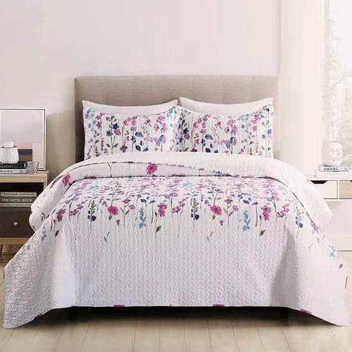 Miniatura 2 de Juego de cama de verano ligero y delgado con diseño floral de tamaño Queen/Full, conjunto de colcha y cubrecama botánico con flores lila